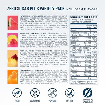 DripDrop Zero Sugar Plus – Zuckerfreie Elektrolyt-Päckchen, 16 Sticks, Sorten: Himbeer-Limonade, Wassermelone, Mandarine, Tropical Punch – Vegan, Nicht-GVO