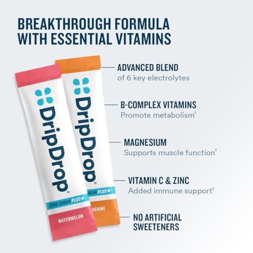 DripDrop Zero Sugar Plus – Zuckerfreie Hydrationspackungen mit Elektrolyten – 8 Sticks (Himbeer-Limonade, Wassermelone, Mandarine, Tropenpunch) – Nicht-GMO, Vegan