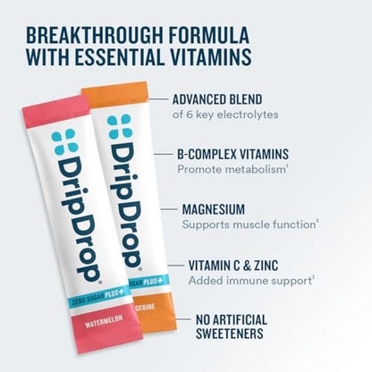 DripDrop Zero Sugar Plus – Zuckerfreie Hydrationspackungen mit Elektrolyten – 8 Sticks (Himbeer-Limonade, Wassermelone, Mandarine, Tropenpunch) – Nicht-GMO, Vegan