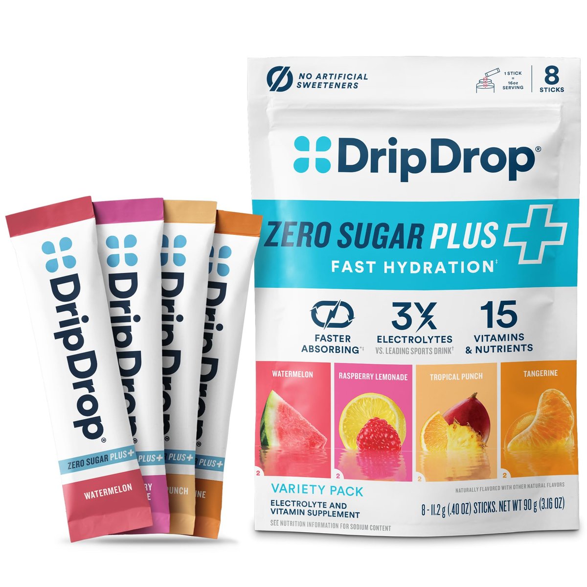 DripDrop Zero Sugar Plus – Zuckerfreie Hydrationspackungen mit Elektrolyten – 8 Sticks (Himbeer-Limonade, Wassermelone, Mandarine, Tropenpunch) – Nicht-GMO, Vegan