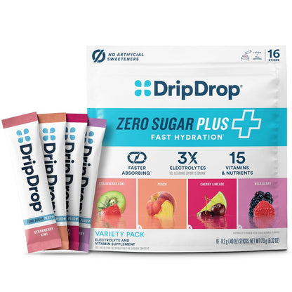 DripDrop Zero Sugar Plus – Zuckerfreie Hydrationspackungen, Elektrolyt-Pulver-Mix, 16 Sticks (Erdbeer-Kiwi, Pfirsich, Kirsch-Limetten-Limonade, Wilde Beeren)