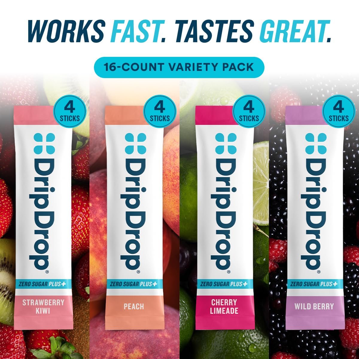 DripDrop Zero Sugar Plus – Zuckerfreie Hydrationspackungen, Elektrolyt-Pulver-Mix, 16 Sticks (Erdbeer-Kiwi, Pfirsich, Kirsch-Limetten-Limonade, Wilde Beeren)