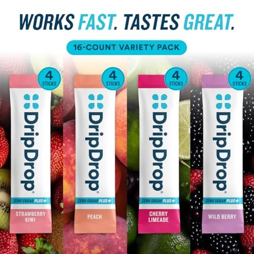 DripDrop Zero Sugar Plus – Zuckerfreie Hydrationspackungen, Elektrolyt-Pulver-Mix, 16 Sticks (Erdbeer-Kiwi, Pfirsich, Kirsch-Limetten-Limonade, Wilde Beeren)