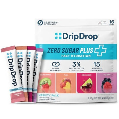 DripDrop Zero Sugar Plus – Zuckerfreie Hydrationspackungen, Elektrolyt-Pulver-Mix, 16 Sticks (Erdbeer-Kiwi, Pfirsich, Kirsch-Limetten-Limonade, Wilde Beeren)