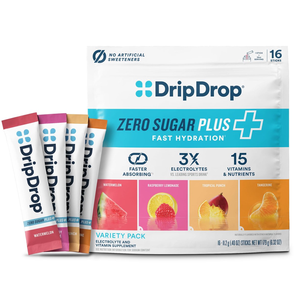 DripDrop Zero Sugar Plus – Zuckerfreie Elektrolyt-Päckchen, 16 Sticks, Sorten: Himbeer-Limonade, Wassermelone, Mandarine, Tropical Punch – Vegan, Nicht-GVO