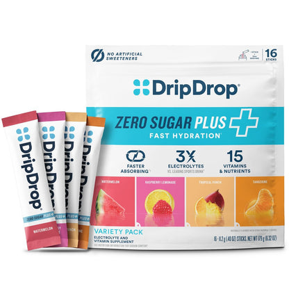 DripDrop Zero Sugar Plus – Zuckerfreie Elektrolyt-Päckchen, 16 Sticks, Sorten: Himbeer-Limonade, Wassermelone, Mandarine, Tropical Punch – Vegan, Nicht-GVO