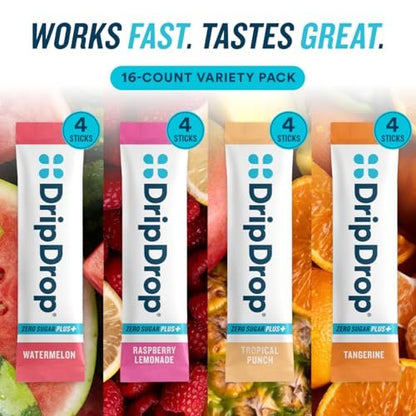 DripDrop Zero Sugar Plus – Zuckerfreie Elektrolyt-Päckchen, 16 Sticks, Sorten: Himbeer-Limonade, Wassermelone, Mandarine, Tropical Punch – Vegan, Nicht-GVO