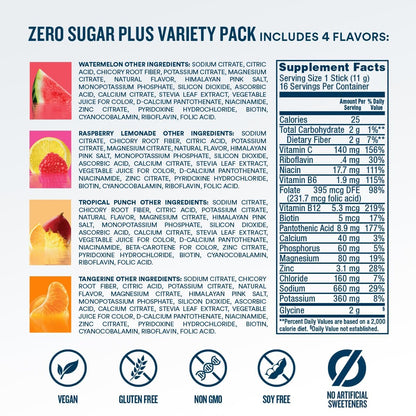 DripDrop Zero Sugar Plus – Zuckerfreie Elektrolyt-Päckchen, 16 Sticks, Sorten: Himbeer-Limonade, Wassermelone, Mandarine, Tropical Punch – Vegan, Nicht-GVO
