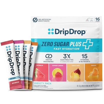 DripDrop Zero Sugar Plus – Zuckerfreie Elektrolyt-Päckchen, 16 Sticks, Sorten: Himbeer-Limonade, Wassermelone, Mandarine, Tropical Punch – Vegan, Nicht-GVO