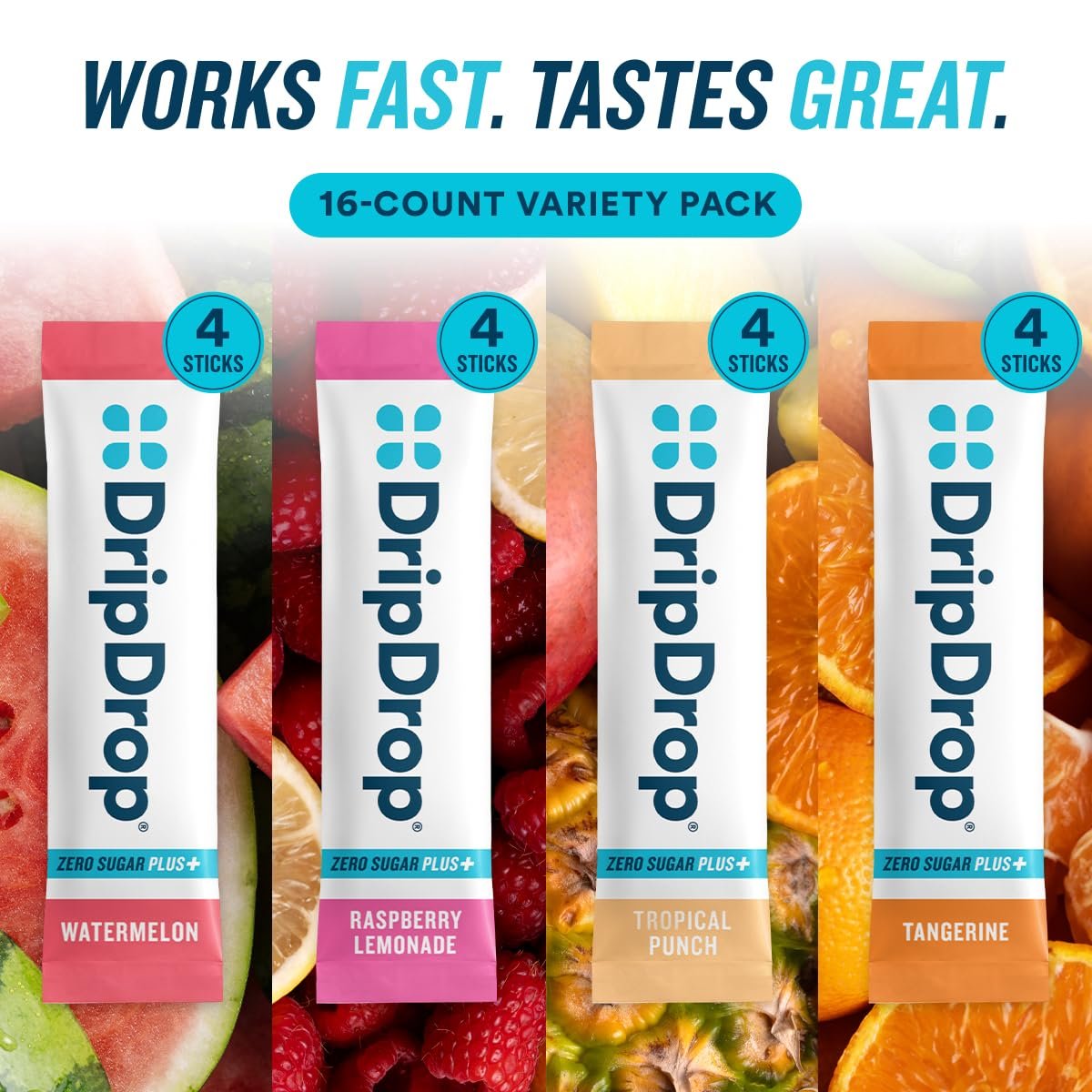 DripDrop Zero Sugar Plus – Zuckerfreie Elektrolyt-Päckchen, 16 Sticks, Sorten: Himbeer-Limonade, Wassermelone, Mandarine, Tropical Punch – Vegan, Nicht-GVO