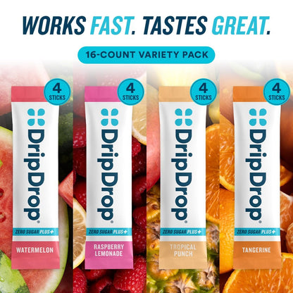 DripDrop Zero Sugar Plus – Zuckerfreie Elektrolyt-Päckchen, 16 Sticks, Sorten: Himbeer-Limonade, Wassermelone, Mandarine, Tropical Punch – Vegan, Nicht-GVO