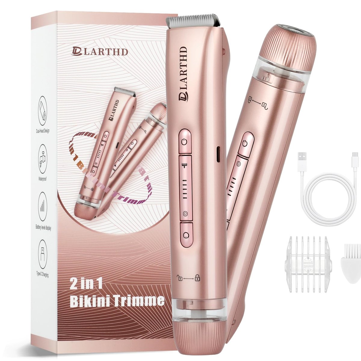LARTHD 2-in-1 Elektrischer Rasierer für Frauen – Doppelkopf Bikini Trimmer, IPX7 wasserdicht, Nass- & Trockenanwendung, Körperhaarentferner für Bikini, Achseln, Beine, Arme & Gesicht