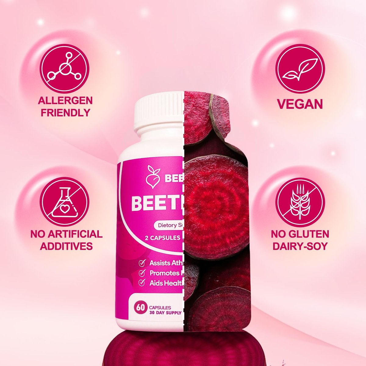 ZyliaVitaX Rote Bete Kapseln – 1300mg Bio Rote Bete Pulver, Nicht-GVO & Vegan Nahrungsergänzungsmittel für Energie, Ausdauer & Durchblutung – 60 Kapseln