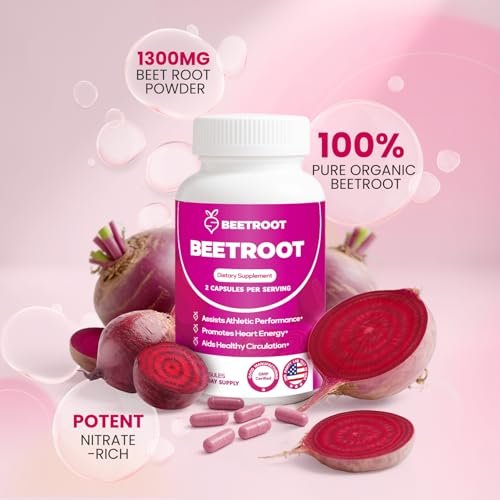 ZyliaVitaX Rote Bete Kapseln – 1300mg Bio Rote Bete Pulver, Nicht-GVO & Vegan Nahrungsergänzungsmittel für Energie, Ausdauer & Durchblutung – 60 Kapseln