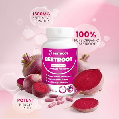 ZyliaVitaX Rote Bete Kapseln – 1300mg Bio Rote Bete Pulver, Nicht-GVO & Vegan Nahrungsergänzungsmittel für Energie, Ausdauer & Durchblutung – 60 Kapseln