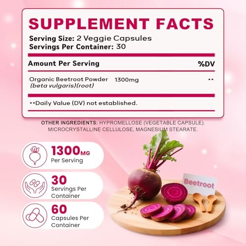 ZyliaVitaX Rote Bete Kapseln – 1300mg Bio Rote Bete Pulver, Nicht-GVO & Vegan Nahrungsergänzungsmittel für Energie, Ausdauer & Durchblutung – 60 Kapseln
