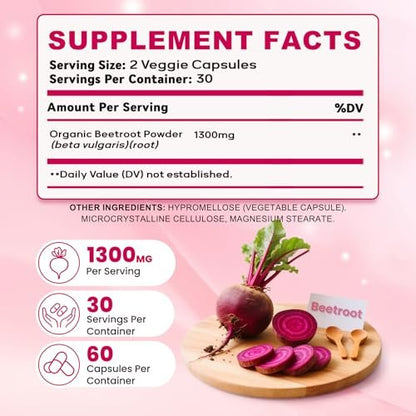 ZyliaVitaX Rote Bete Kapseln – 1300mg Bio Rote Bete Pulver, Nicht-GVO & Vegan Nahrungsergänzungsmittel für Energie, Ausdauer & Durchblutung – 60 Kapseln