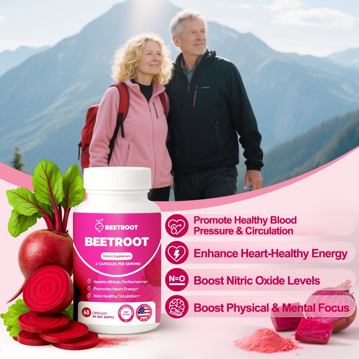 ZyliaVitaX Rote Bete Kapseln – 1300mg Bio Rote Bete Pulver, Nicht-GVO & Vegan Nahrungsergänzungsmittel für Energie, Ausdauer & Durchblutung – 60 Kapseln