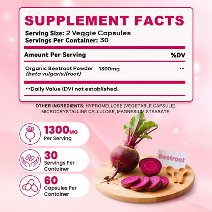 ZyliaVitaX Rote Bete Kapseln – 1300mg Bio Rote Bete Pulver, Nicht-GVO & Vegan Nahrungsergänzungsmittel für Energie, Ausdauer & Durchblutung – 60 Kapseln