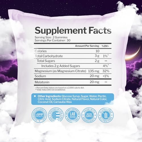 Just Nutrients Melatonin 20mg Gummis mit Magnesiumcitrat – Maximalstarke Schlafhilfe für Erwachsene mit 10mg Melatonin pro Gummibärchen – Glutenfrei, Nicht-GVO, Vegetarisch, gemischter Beerengeschmack – 60 Gummis