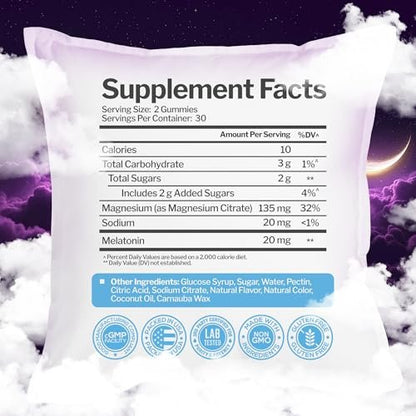 Just Nutrients Melatonin 20mg Gummis mit Magnesiumcitrat – Maximalstarke Schlafhilfe für Erwachsene mit 10mg Melatonin pro Gummibärchen – Glutenfrei, Nicht-GVO, Vegetarisch, gemischter Beerengeschmack – 60 Gummis