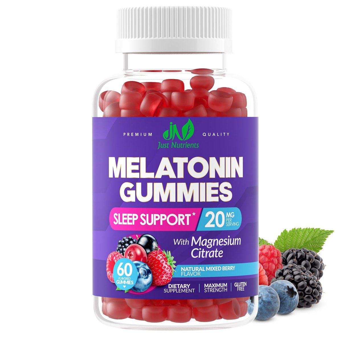 Just Nutrients Melatonin 20mg Gummis mit Magnesiumcitrat – Maximalstarke Schlafhilfe für Erwachsene mit 10mg Melatonin pro Gummibärchen – Glutenfrei, Nicht-GVO, Vegetarisch, gemischter Beerengeschmack – 60 Gummis
