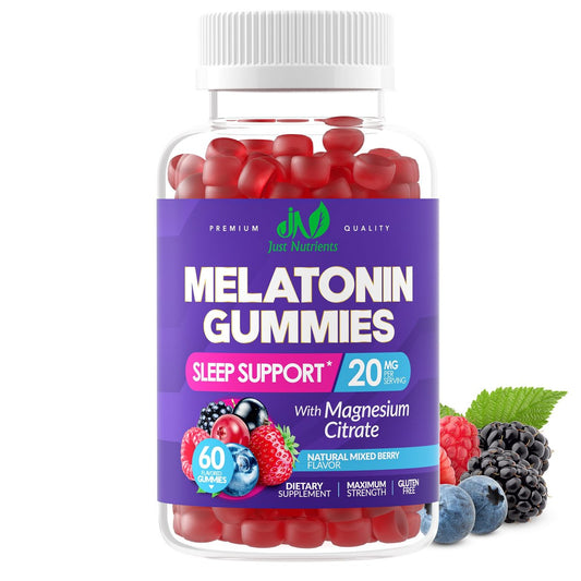 Just Nutrients Melatonin 20mg Gummis mit Magnesiumcitrat – Maximalstarke Schlafhilfe für Erwachsene mit 10mg Melatonin pro Gummibärchen – Glutenfrei, Nicht-GVO, Vegetarisch, gemischter Beerengeschmack – 60 Gummis