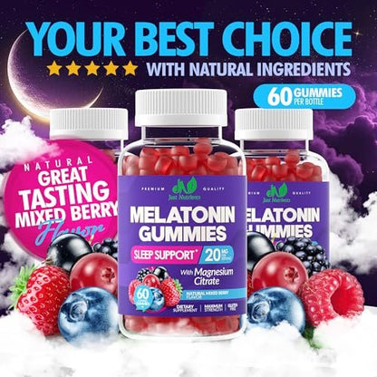 Just Nutrients Melatonin 20mg Gummis mit Magnesiumcitrat – Maximalstarke Schlafhilfe für Erwachsene mit 10mg Melatonin pro Gummibärchen – Glutenfrei, Nicht-GVO, Vegetarisch, gemischter Beerengeschmack – 60 Gummis