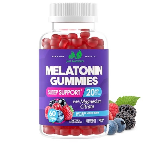 Just Nutrients Melatonin 20mg Gummis mit Magnesiumcitrat – Maximalstarke Schlafhilfe für Erwachsene mit 10mg Melatonin pro Gummibärchen – Glutenfrei, Nicht-GVO, Vegetarisch, gemischter Beerengeschmack – 60 Gummis