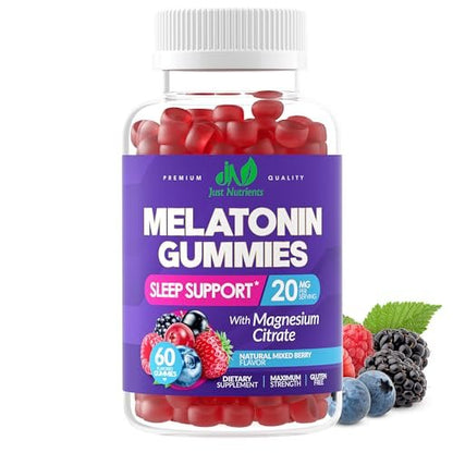Just Nutrients Melatonin 20mg Gummis mit Magnesiumcitrat – Maximalstarke Schlafhilfe für Erwachsene mit 10mg Melatonin pro Gummibärchen – Glutenfrei, Nicht-GVO, Vegetarisch, gemischter Beerengeschmack – 60 Gummis