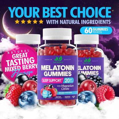 Just Nutrients Melatonin 20mg Gummis mit Magnesiumcitrat – Maximalstarke Schlafhilfe für Erwachsene mit 10mg Melatonin pro Gummibärchen – Glutenfrei, Nicht-GVO, Vegetarisch, gemischter Beerengeschmack – 60 Gummis