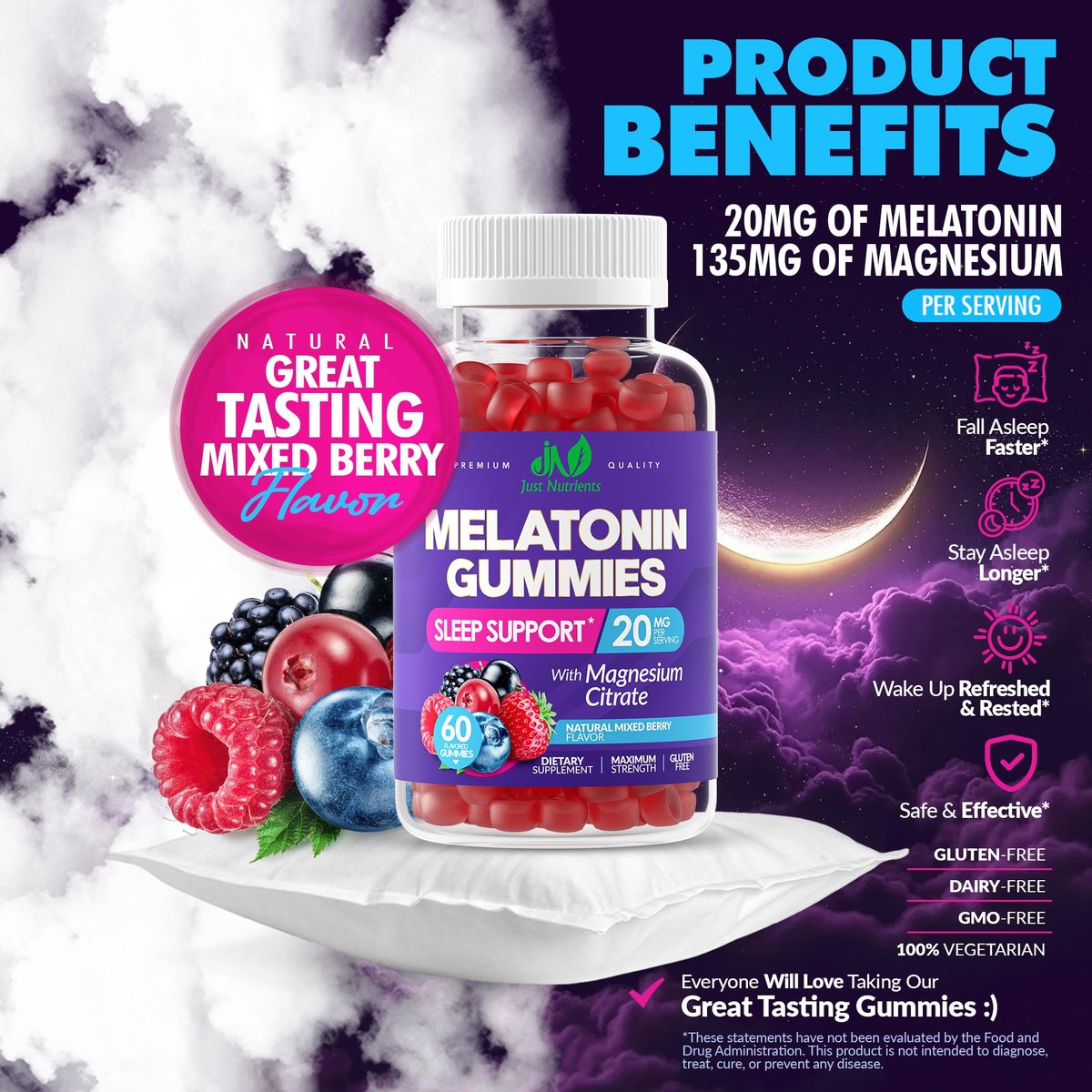 Just Nutrients Melatonin 20mg Gummis mit Magnesiumcitrat – Maximalstarke Schlafhilfe für Erwachsene mit 10mg Melatonin pro Gummibärchen – Glutenfrei, Nicht-GVO, Vegetarisch, gemischter Beerengeschmack – 60 Gummis