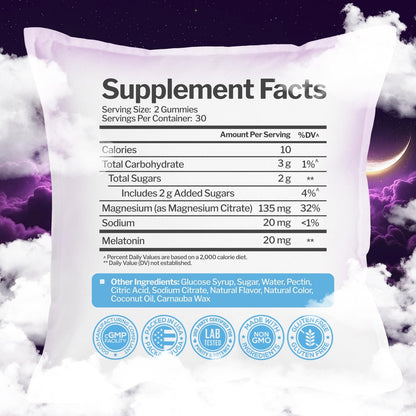 Just Nutrients Melatonin 20mg Gummis mit Magnesiumcitrat – Maximalstarke Schlafhilfe für Erwachsene mit 10mg Melatonin pro Gummibärchen – Glutenfrei, Nicht-GVO, Vegetarisch, gemischter Beerengeschmack – 60 Gummis