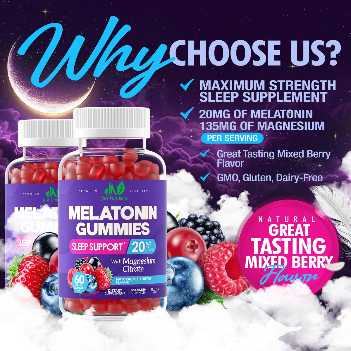 Just Nutrients Melatonin 20mg Gummis mit Magnesiumcitrat – Maximalstarke Schlafhilfe für Erwachsene mit 10mg Melatonin pro Gummibärchen – Glutenfrei, Nicht-GVO, Vegetarisch, gemischter Beerengeschmack – 60 Gummis