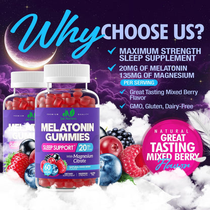 Just Nutrients Melatonin 20mg Gummis mit Magnesiumcitrat – Maximalstarke Schlafhilfe für Erwachsene mit 10mg Melatonin pro Gummibärchen – Glutenfrei, Nicht-GVO, Vegetarisch, gemischter Beerengeschmack – 60 Gummis