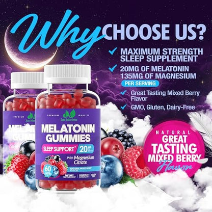 Just Nutrients Melatonin 20mg Gummis mit Magnesiumcitrat – Maximalstarke Schlafhilfe für Erwachsene mit 10mg Melatonin pro Gummibärchen – Glutenfrei, Nicht-GVO, Vegetarisch, gemischter Beerengeschmack – 60 Gummis