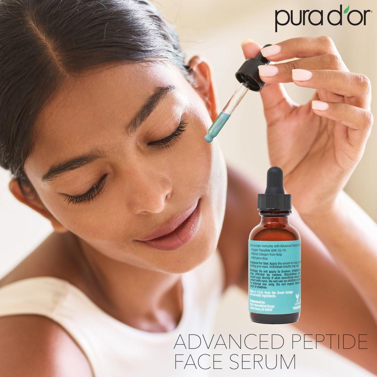 PURA D'OR Advanced Peptide Gesichtsserum – Kupfertripeptid, Pflanzlicher Stammzellextrakt, Meereskollagen aus Kelp, Hyaluronsäure & Methylenblau – Anti-Aging Serum für jugendlich aussehende Haut, 30 ml