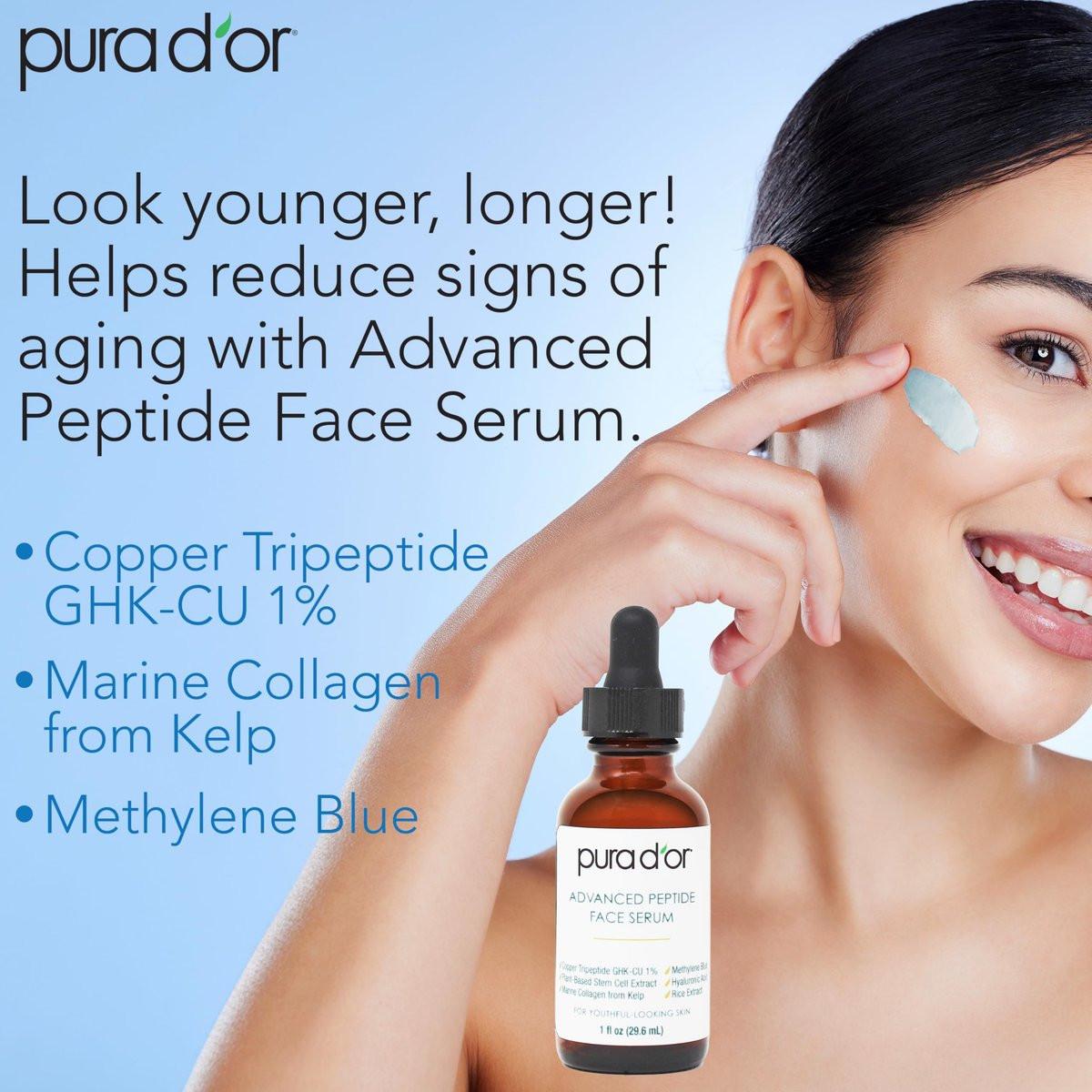 PURA D'OR Advanced Peptide Gesichtsserum – Kupfertripeptid, Pflanzlicher Stammzellextrakt, Meereskollagen aus Kelp, Hyaluronsäure & Methylenblau – Anti-Aging Serum für jugendlich aussehende Haut, 30 ml