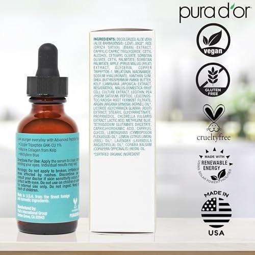 PURA D'OR Advanced Peptide Gesichtsserum – Kupfertripeptid, Pflanzlicher Stammzellextrakt, Meereskollagen aus Kelp, Hyaluronsäure & Methylenblau – Anti-Aging Serum für jugendlich aussehende Haut, 30 ml