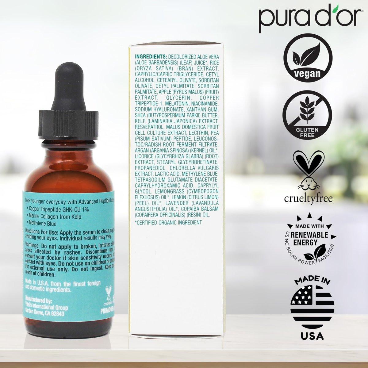 PURA D'OR Advanced Peptide Gesichtsserum – Kupfertripeptid, Pflanzlicher Stammzellextrakt, Meereskollagen aus Kelp, Hyaluronsäure & Methylenblau – Anti-Aging Serum für jugendlich aussehende Haut, 30 ml