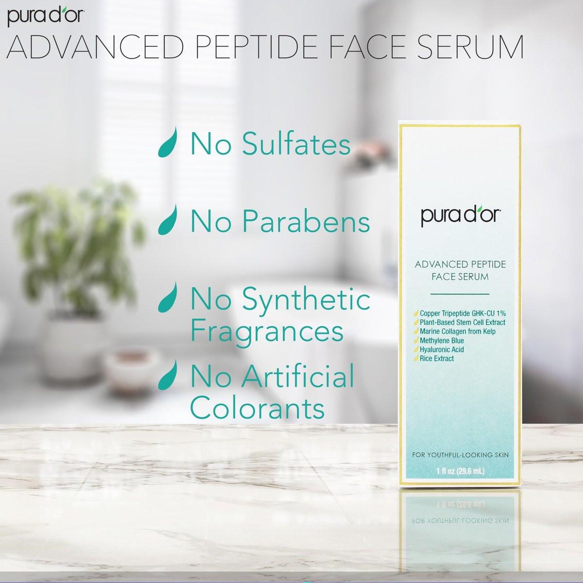 PURA D'OR Advanced Peptide Gesichtsserum – Kupfertripeptid, Pflanzlicher Stammzellextrakt, Meereskollagen aus Kelp, Hyaluronsäure & Methylenblau – Anti-Aging Serum für jugendlich aussehende Haut, 30 ml