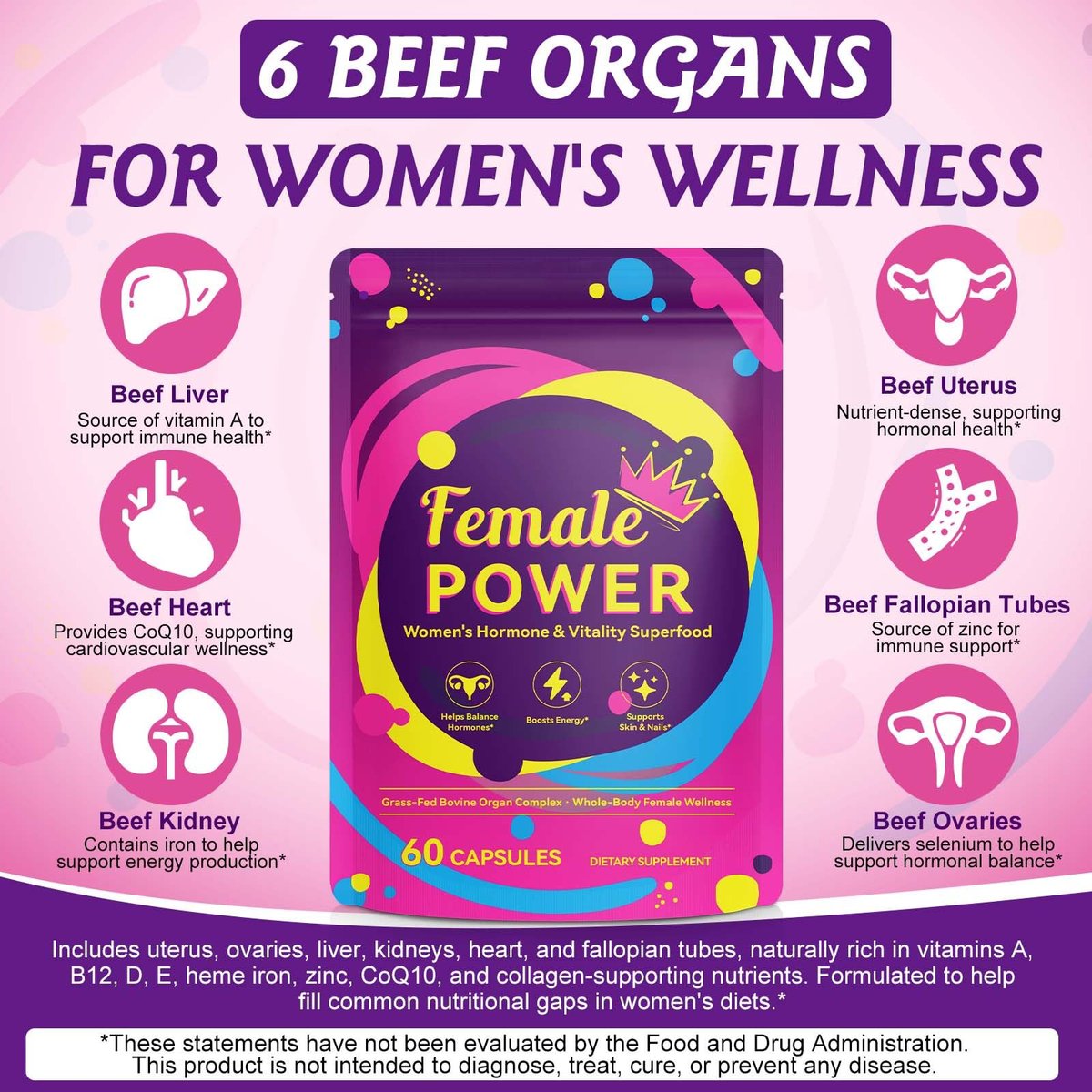 2er-Pack Rinderorganpräparat für Frauen – Natürliche, grasgefütterte Rinderleberkapseln für Hormonbalance, Energie, Menstruationszyklus und Hautpflege