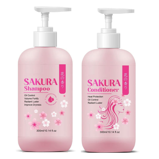 Sakura Shampoo & Conditioner Set – Japanisches Shampoo mit Kirschblütenextrakt & Vitamin E, klärend, volumengebend, feuchtigkeitsspendend & stärkend, für glänzendes Haar (2 x 150 ml)