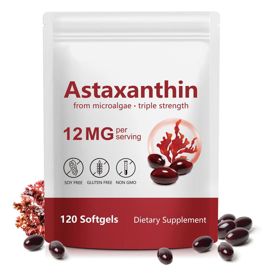 SDJUFEI Astaxanthin 12 mg Nahrungsergänzung, Antioxidans Kapseln, 120 Softgels für 4 Monate Vorrat – Premium natürliche Mikroalgen, unterstützt Wohlbefinden für Haut, Augen und Gelenke, Nicht-GVO & glutenfrei