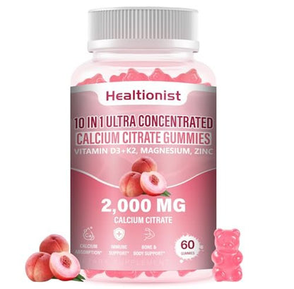 Healtionist Calcium Citrat mit Vitamin D3 K2 Gummis für Frauen & Männer – 2000 mg Calcium, Magnesium, Zink, 60 Stück Pfirsichgeschmack