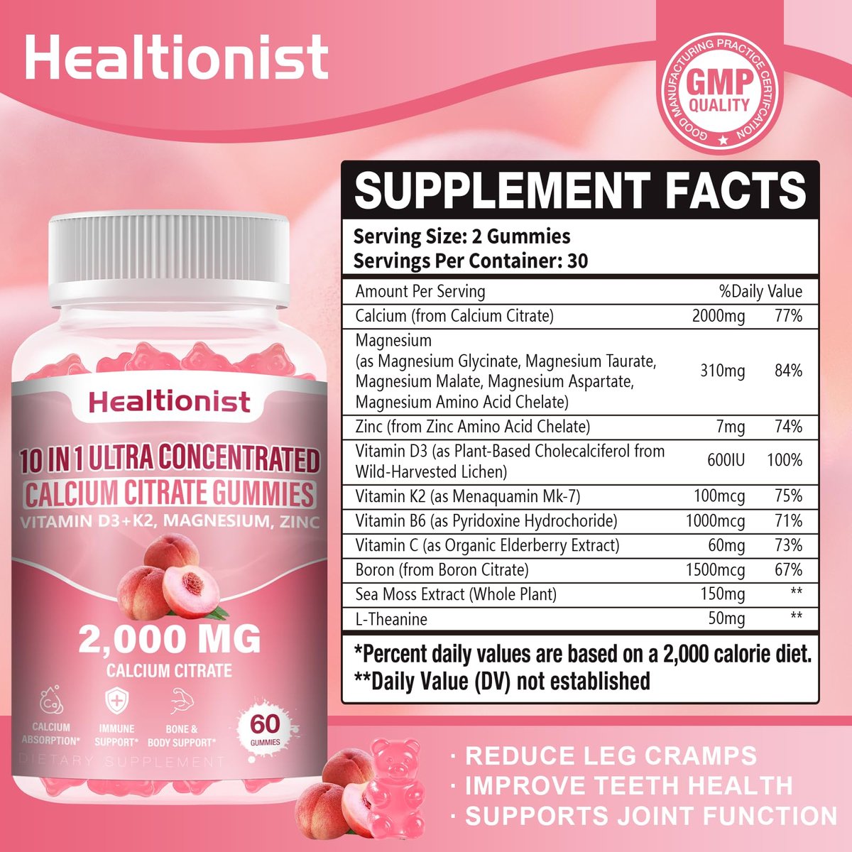 Healtionist Calcium Citrat mit Vitamin D3 K2 Gummis für Frauen & Männer – 2000 mg Calcium, Magnesium, Zink, 60 Stück Pfirsichgeschmack