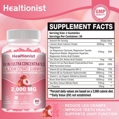 Healtionist Calcium Citrat mit Vitamin D3 K2 Gummis für Frauen & Männer – 2000 mg Calcium, Magnesium, Zink, 60 Stück Pfirsichgeschmack