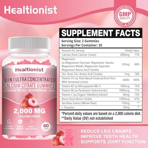 Healtionist Calcium Citrat mit Vitamin D3 K2 Gummis für Frauen & Männer – 2000 mg Calcium, Magnesium, Zink, 60 Stück Pfirsichgeschmack