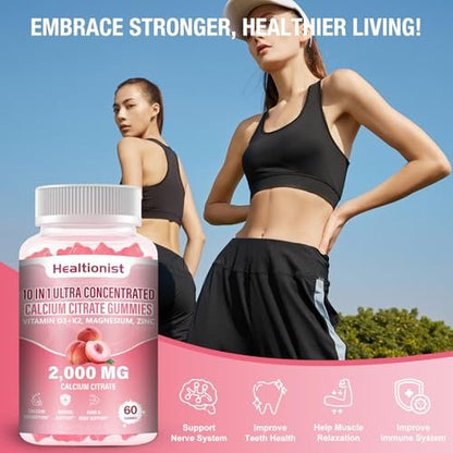 Healtionist Calcium Citrat mit Vitamin D3 K2 Gummis für Frauen & Männer – 2000 mg Calcium, Magnesium, Zink, 60 Stück Pfirsichgeschmack