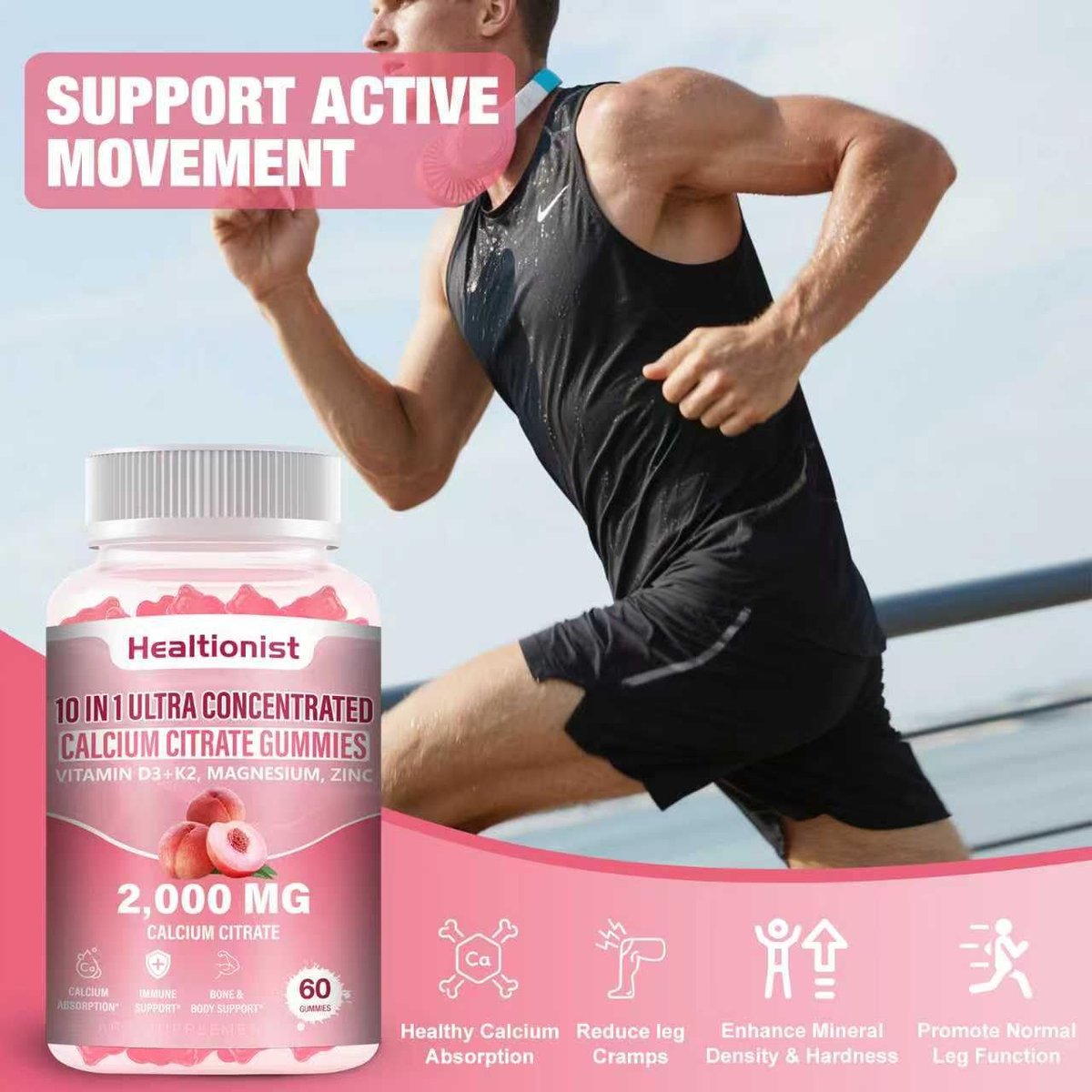 Healtionist Calcium Citrat mit Vitamin D3 K2 Gummis für Frauen & Männer – 2000 mg Calcium, Magnesium, Zink, 60 Stück Pfirsichgeschmack